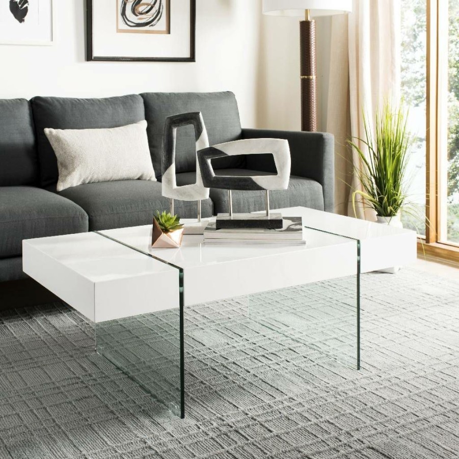 Living Furniture * | Hot Sale Jacob Rectangular Glass Leg Modern Coffee Table In White Safavieh Cof7001A