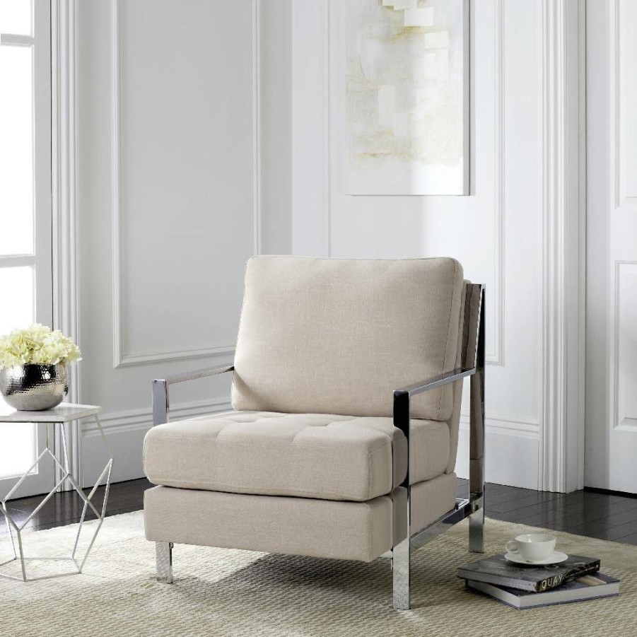 Living Furniture * | Crazy Deals Walden Modern Tufted Linen Chrome Accent Chair In Beige Safavieh Fox6279A