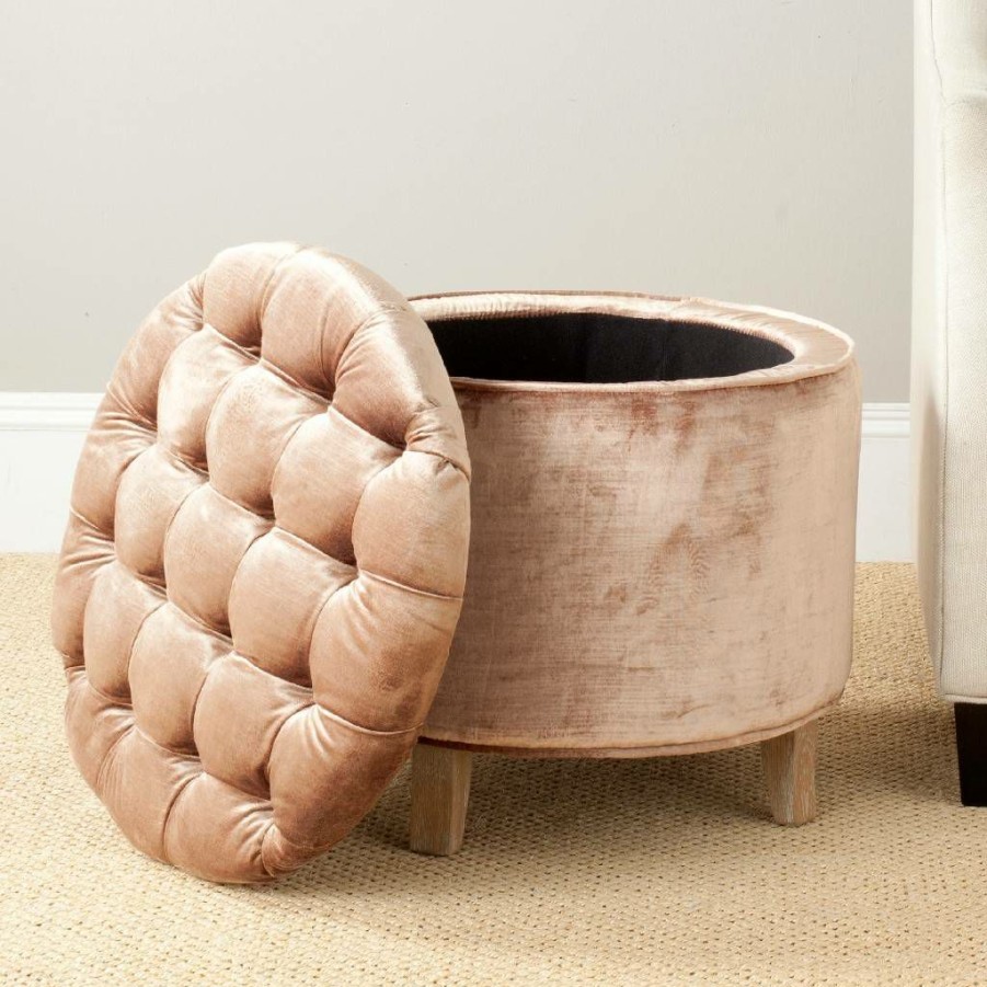 Living Furniture * | Quick Expedition Amelia Tufted Storage Ottoman In Mink Brown/Pickled Oak Safavieh Hud8220V