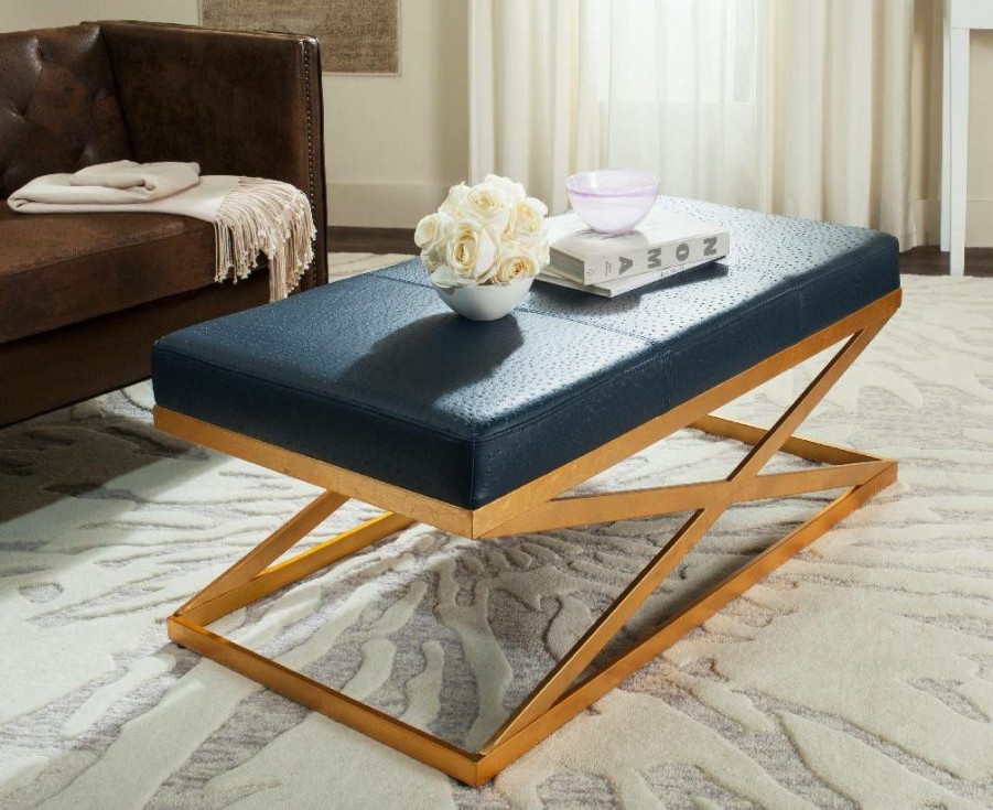 Living Furniture * | Crazy Deals Alexes Faux Ostrich Bench In Navy/Gold Safavieh Fox6252B