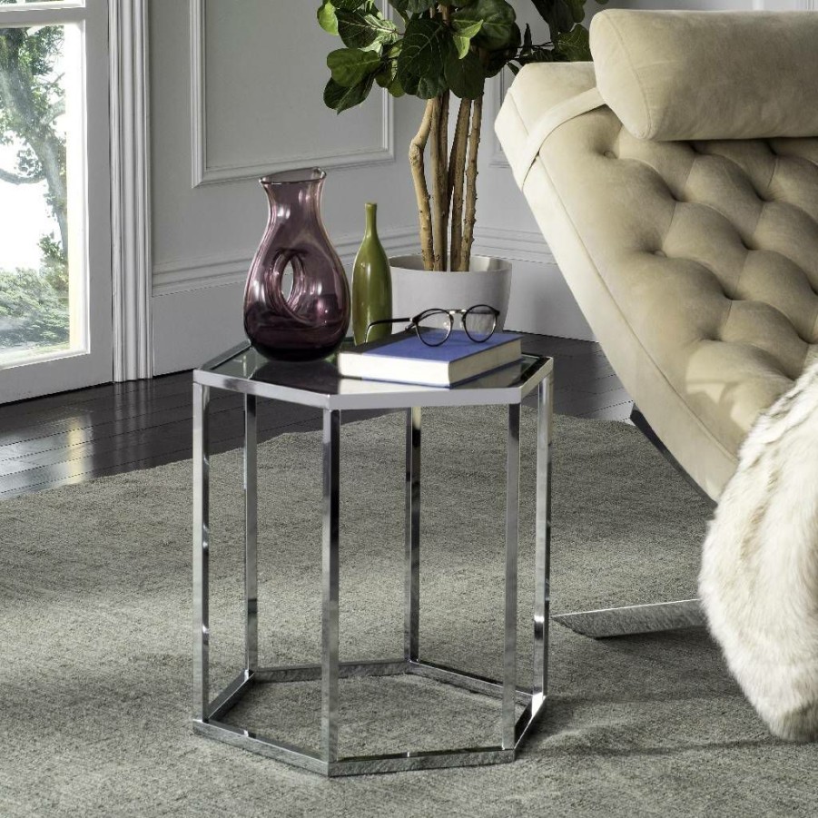 Living Furniture * | With Discount Teagan Glass End Table In Chrome Safavieh Mmt6002A