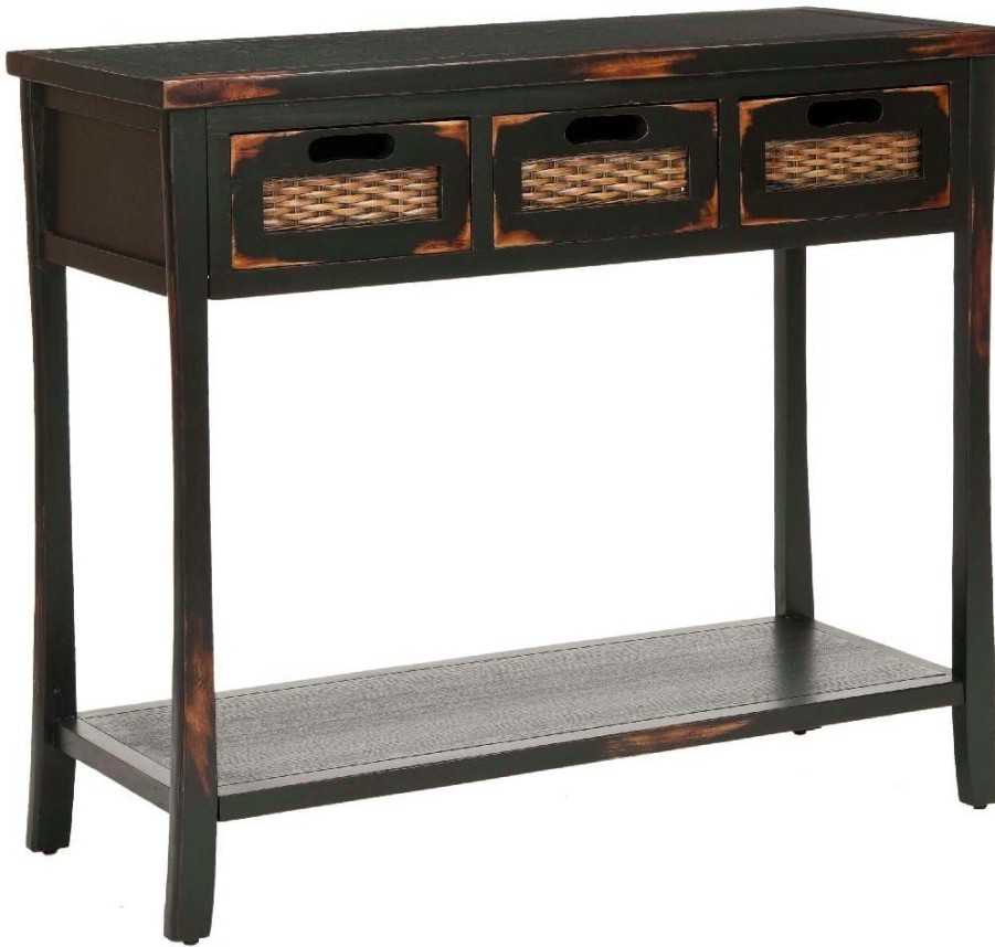 Living Furniture * | Hot Selling Autumn 3 Drawer Console In Distressed Black Safavieh Amh6510A