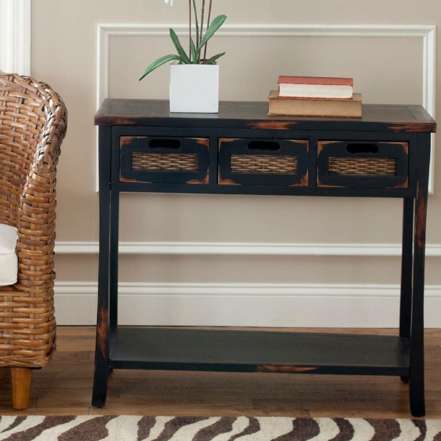 Living Furniture * | Hot Selling Autumn 3 Drawer Console In Distressed Black Safavieh Amh6510A