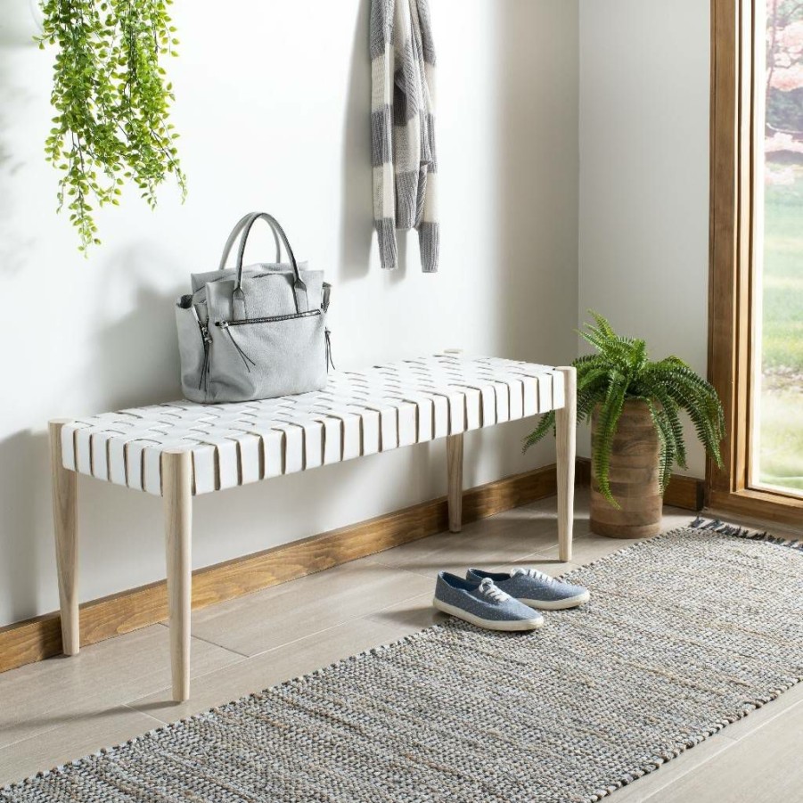 Living Furniture * | Clearance Sale Amalia Leather Weave Bench In White/Light Oak Safavieh Bch1001B