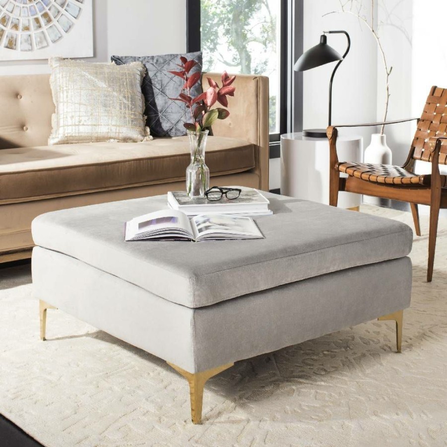 Living Furniture * | Quick Delivery Giovanna Square Ottoman In Grey/Brass Safavieh Bch6301B