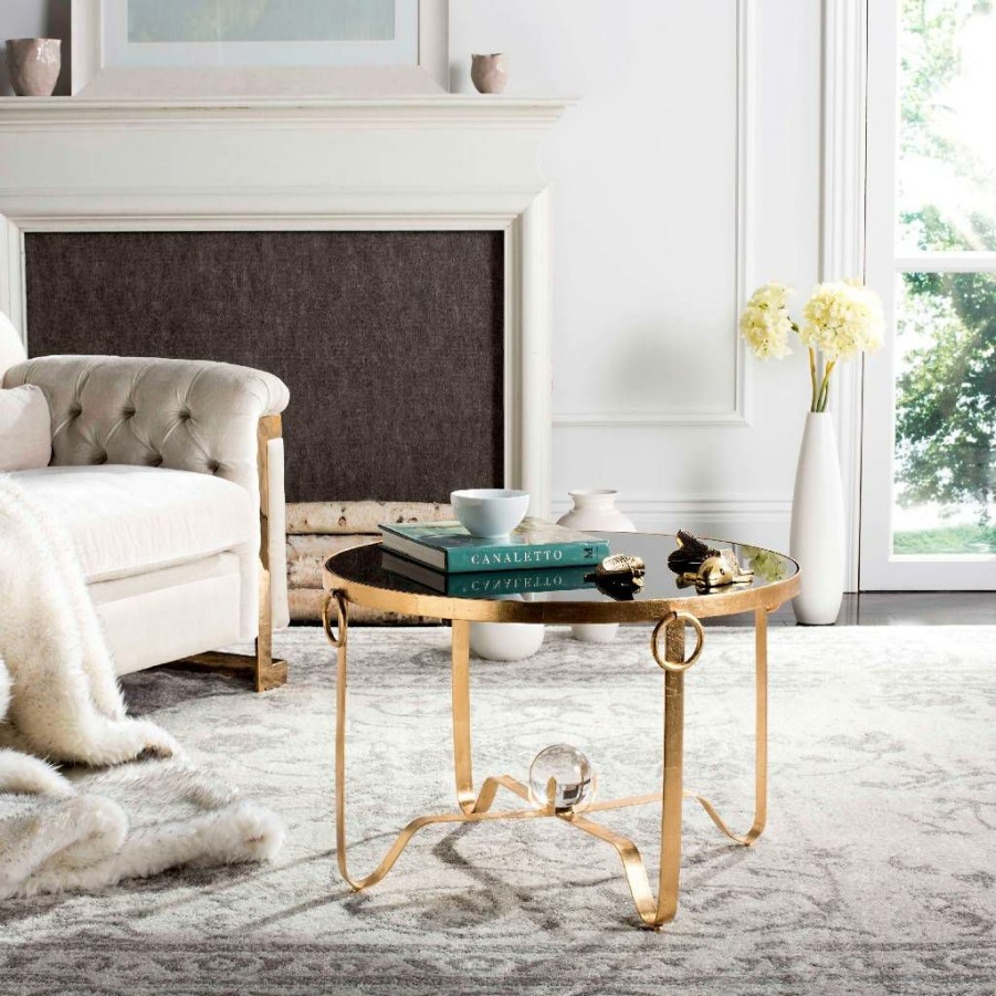 Living Furniture * | Hot Selling Elisha Gold Leaf Round Coffee Table Glass Ball In Black/Gold Safavieh Fox2599A