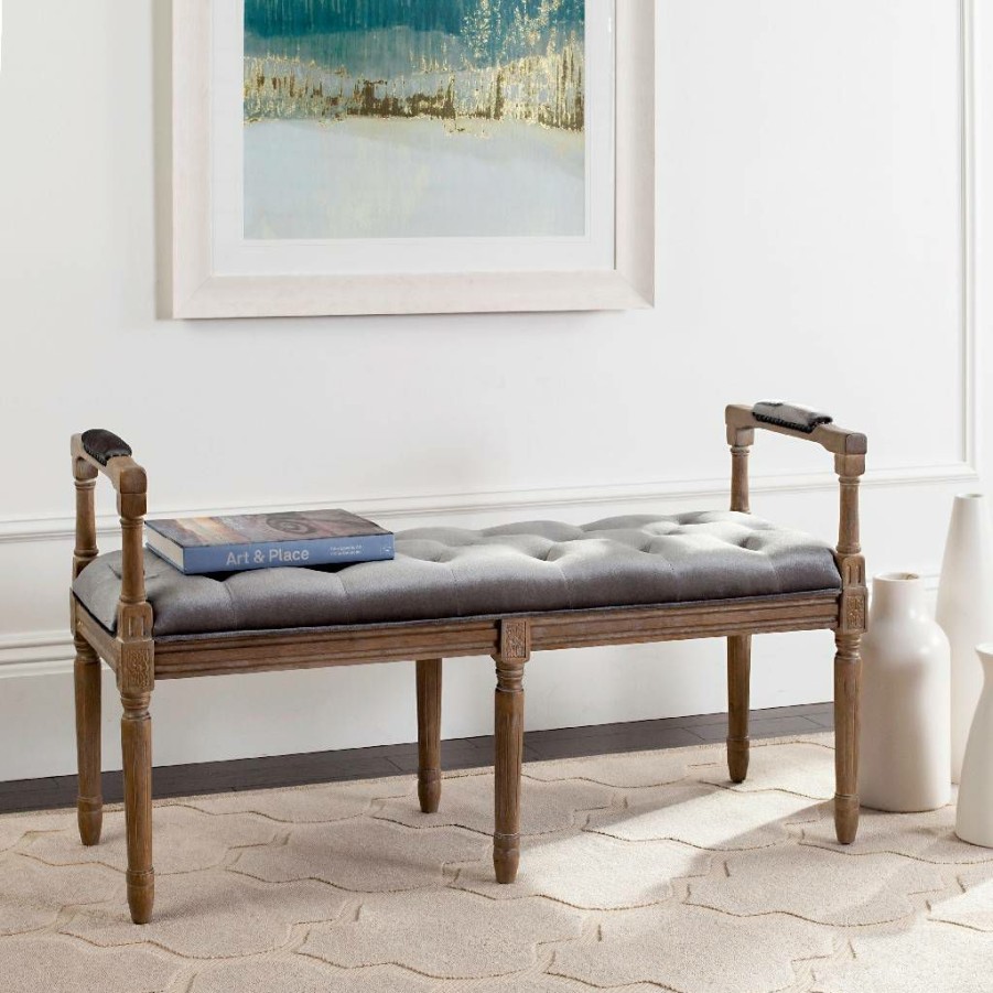 Living Furniture * | Shoping Raiden Velvet Rustic Oak Bench In Grey/Rustic Oak Safavieh Fox6263B