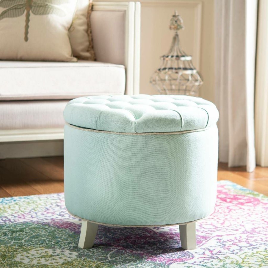 Living Furniture * | Outlet Amelia Tufted Storage Ottoman In Robins Egg Blue/Ivory Safavieh Hud8220L