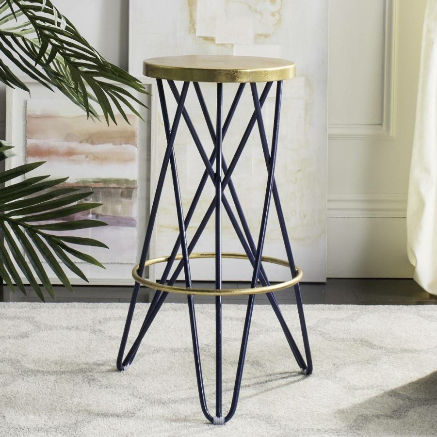 Furniture * | Exclusive Design Lorna Gold Leaf Bar Stool In Navy/Gold Safavieh Fox3254B