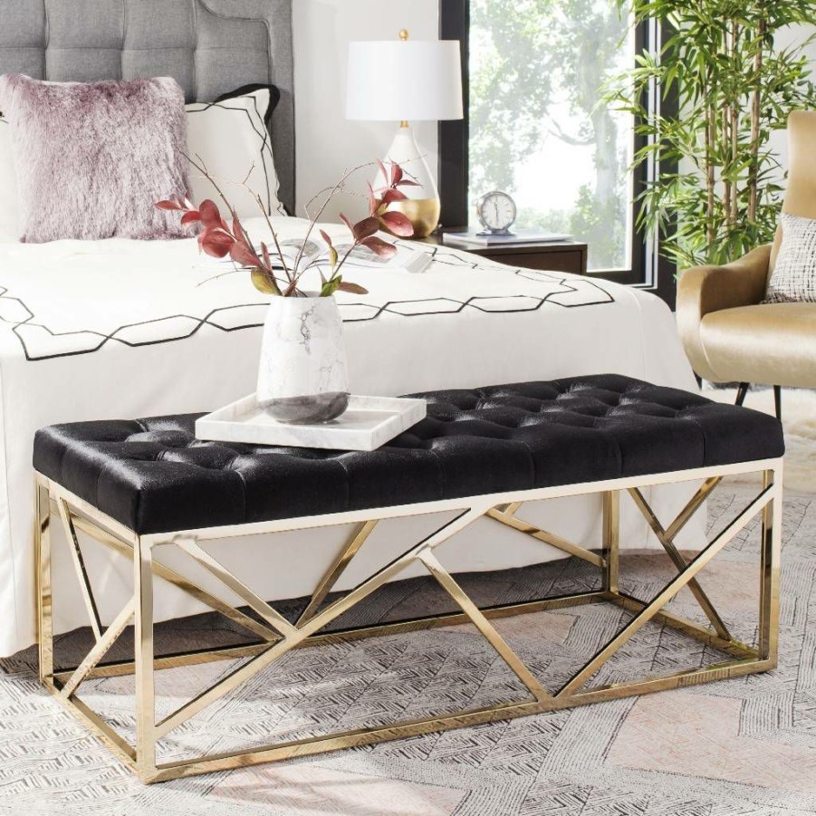 Living Furniture * | Featured Farah Tufted Rectangular Bench In Black/Brass Safavieh Bch6201A