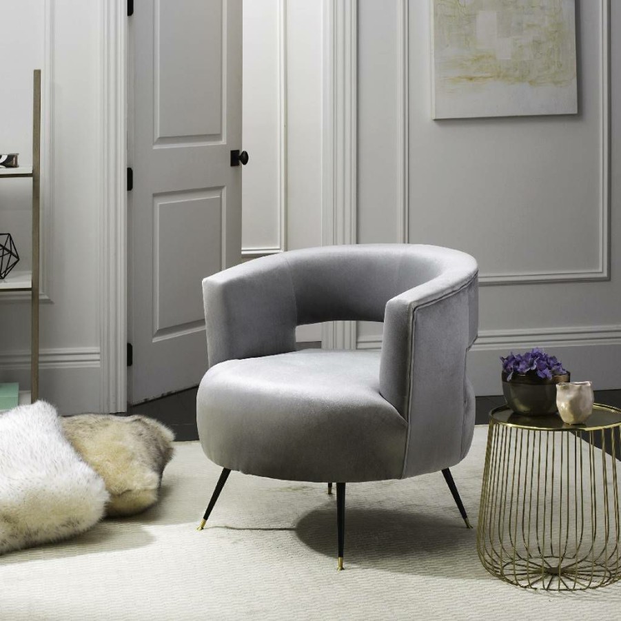 Living Furniture * | Promotions Manet Velvet Retro Mid Century Accent Chair In Light Grey Safavieh Fox6272B