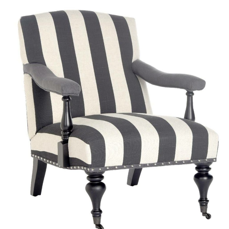 Furniture * | Exclusive Design Devona Awning Stripe Arm Chair Silver Nail Heads In Charcoal/White Safavieh Mcr4731D