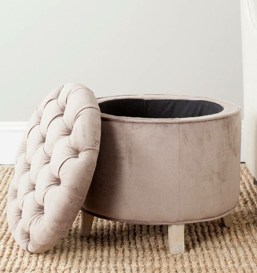 Living Furniture * | Clearance Sale Amelia Tufted Storage Ottoman In Mushroom Taupe/Pickled Oak Safavieh Hud8220Y