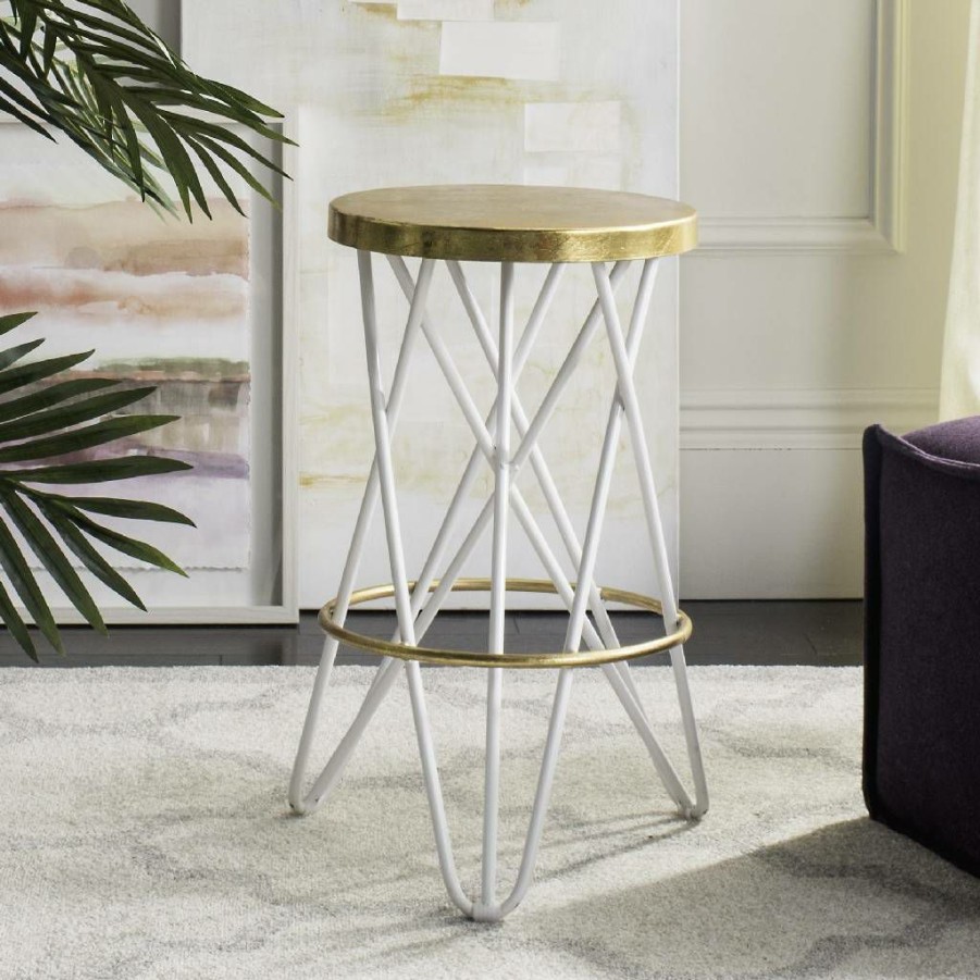 Furniture * | Clearance Sale Lorna Gold Leaf Counter Stool In White/Gold Safavieh Fox3255A