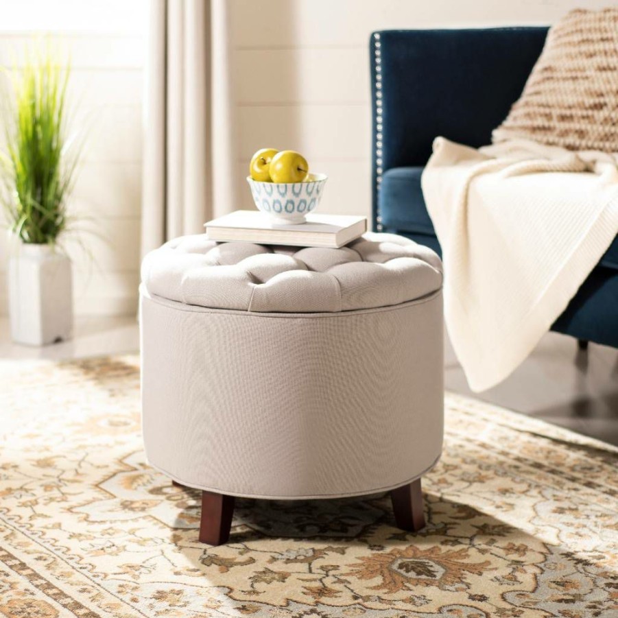 Living Furniture * | Clearance Sale Amelia Tufted Storage Ottoman In Taupe/Cherry Mahogany Safavieh Hud8220C