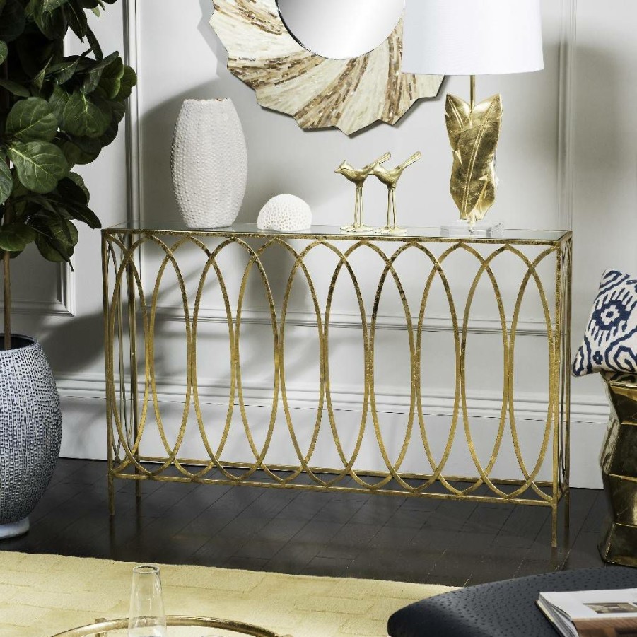 Living Furniture * | Crazy Deals Carina Oval Ringed Console Table In Gold Safavieh Fox3256A