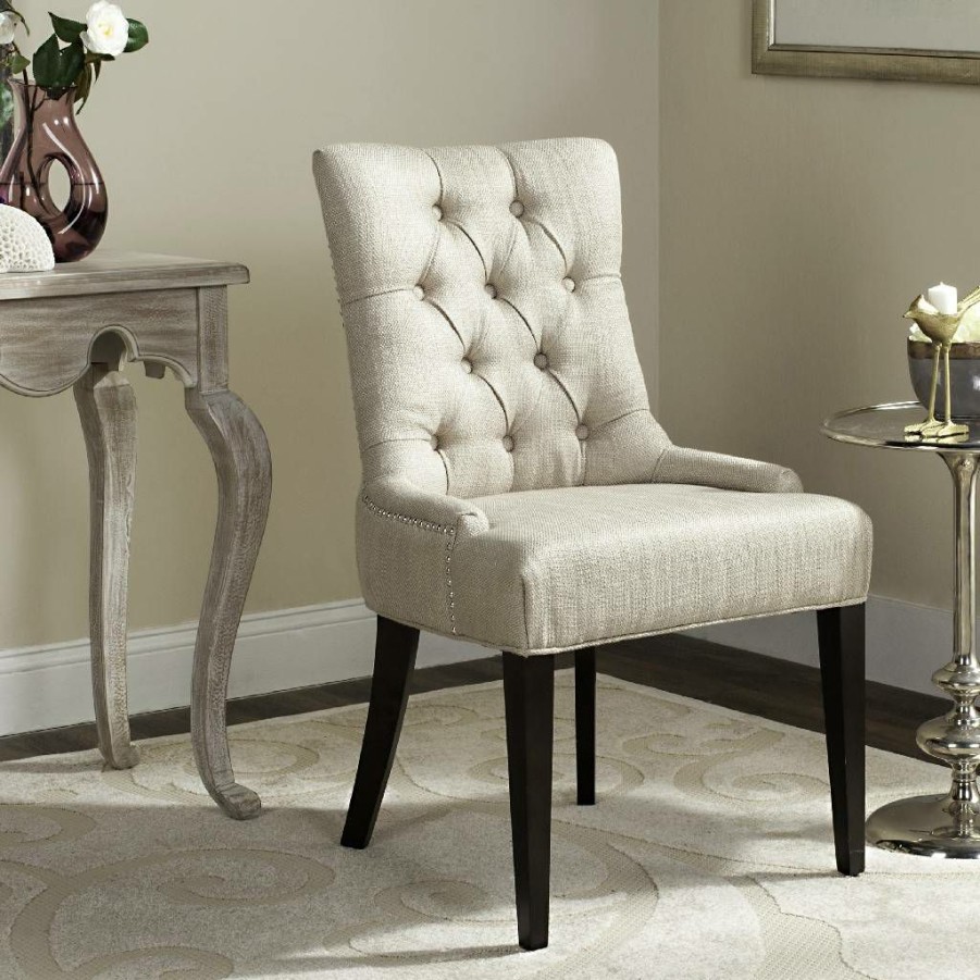 Furniture * | Hot Sale Amanda 19"H Linen Tufted Chair Nickel Nail Heads In Antique Gold/Espresso Safavieh Mcr4515D