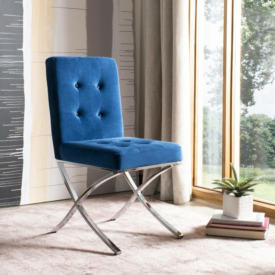 Living Furniture * | With Discount Walsh Tufted Side Chair In Navy/Chrome Safavieh Fox6300E