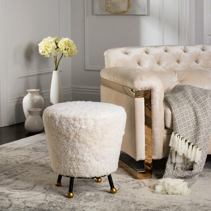 Living Furniture * | Classical Oriana Retro Sheepskin Ottoman In Beige Safavieh Fox6261A