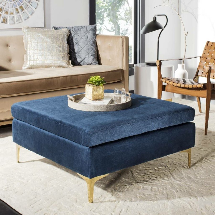 Living Furniture * | Clearance Sale Giovanna Square Ottoman In Navy/Brass Safavieh Bch6301A