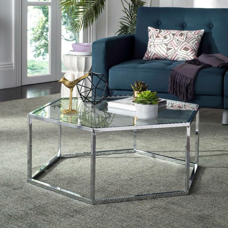 Living Furniture * | Discounts Eliana Glass Coffee Table In Chrome Safavieh Mmt6003A