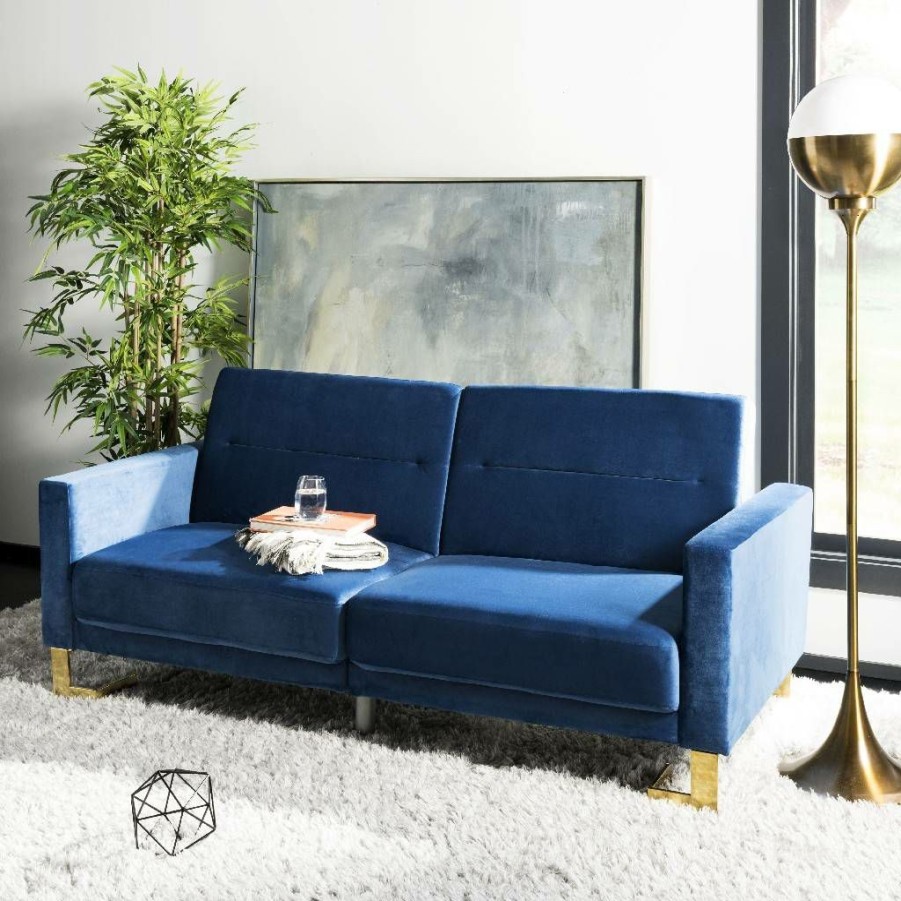 Living Furniture * | Outlet Tribeca Foldable Sofa Bed In Navy/Brass Safavieh Lvs2001F