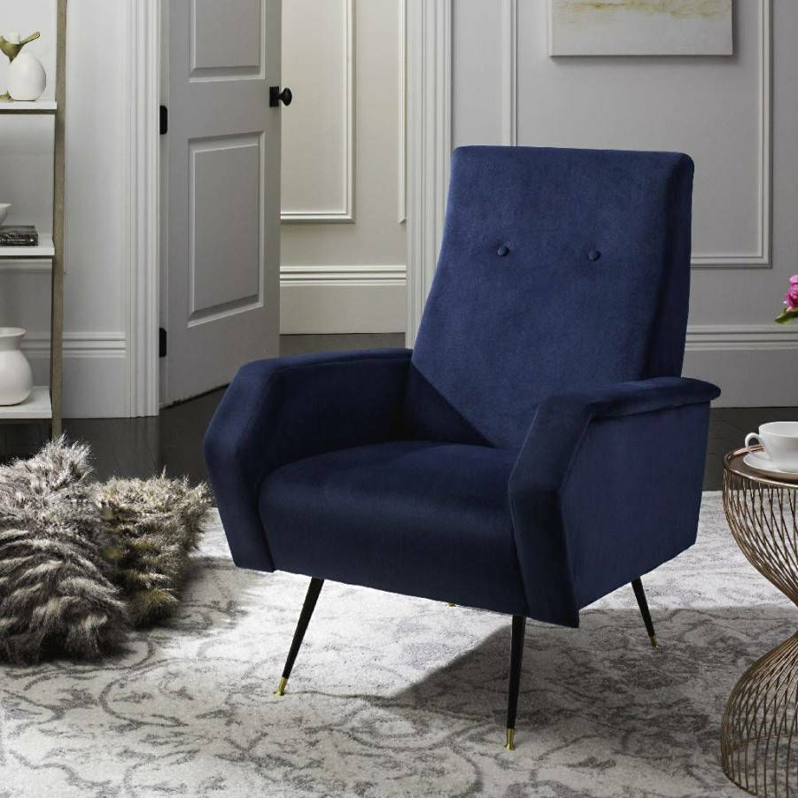 Living Furniture * | Promotions Aida Velvet Retro Mid Century Accent Chair In Navy Safavieh Fox6258C