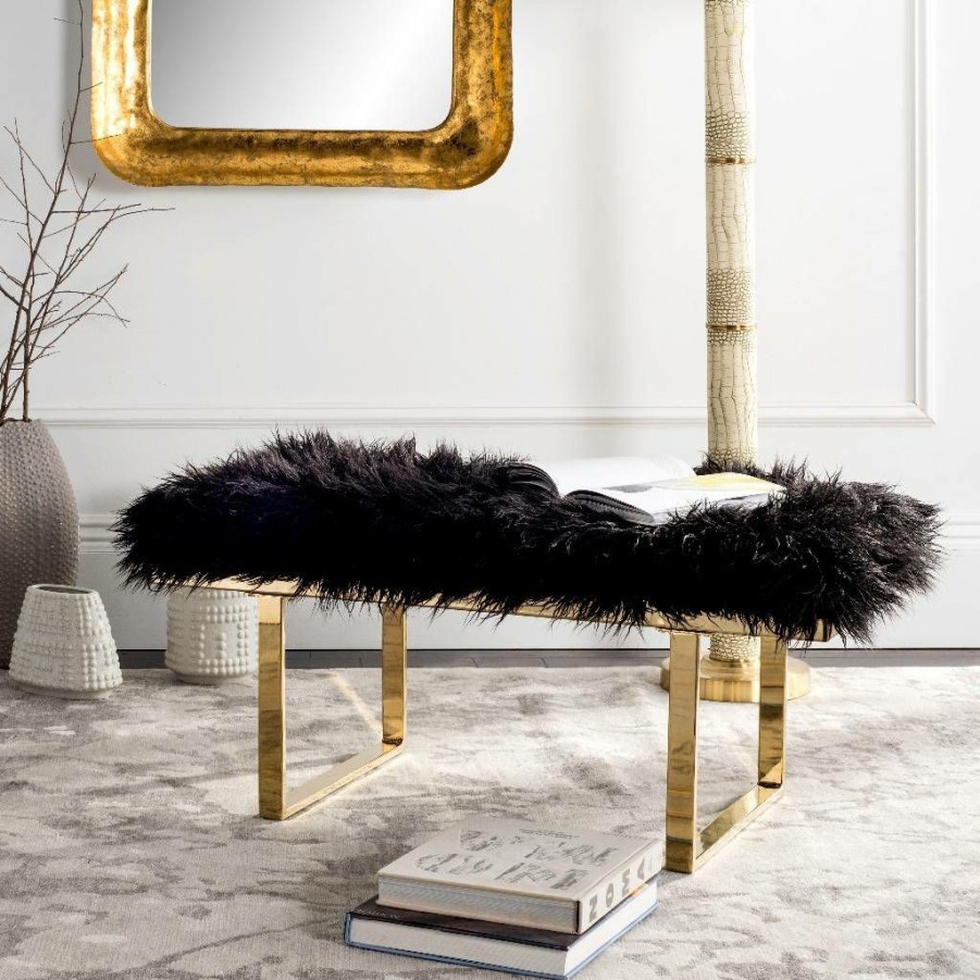 Living Furniture * | Promotions Maia Faux Sheepskin Bench In Black Safavieh Fox6292B