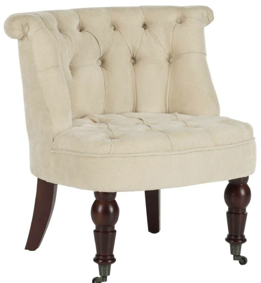 Living Furniture * | Quick Delivery Carlin Tufted Chair In Natural Cream/Cherry Mahogany Safavieh Mcr4711A