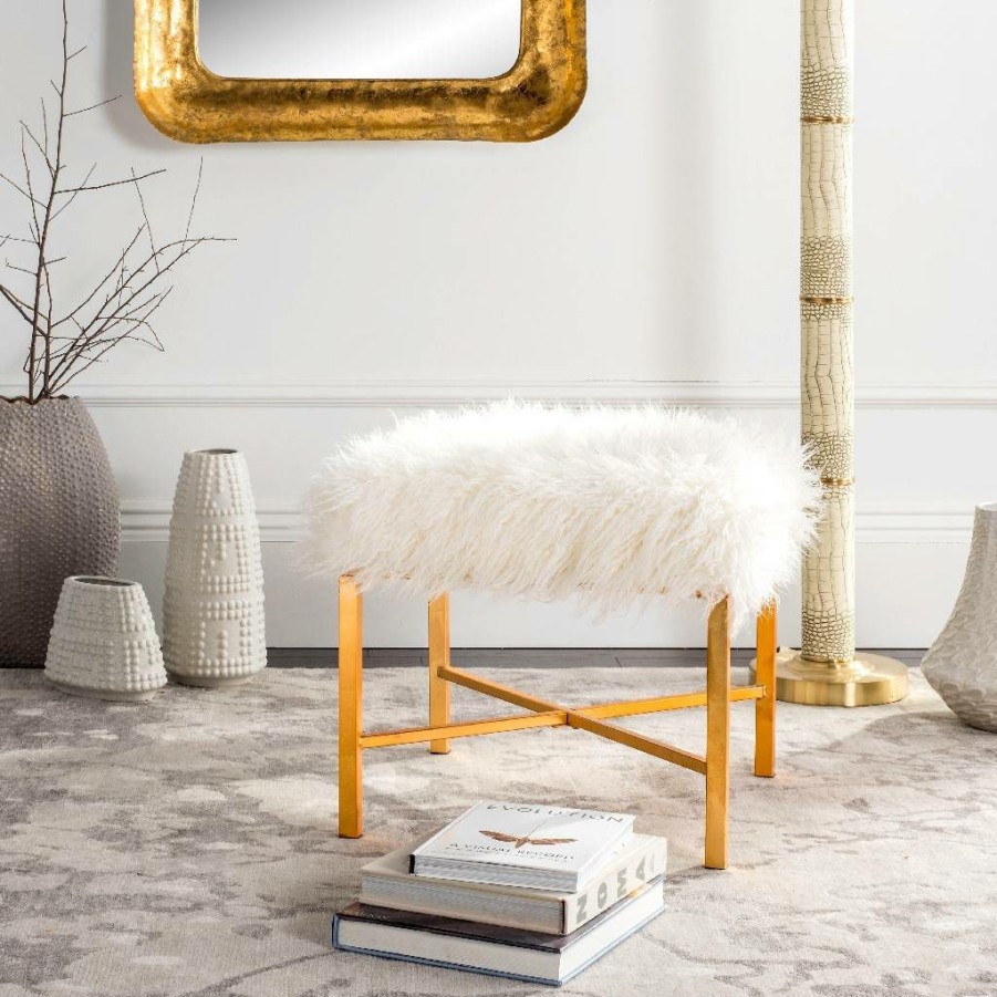 Living Furniture * | Limit Offer Horace Faux Sheepskin X- Square Bench In White Safavieh Fox6267B