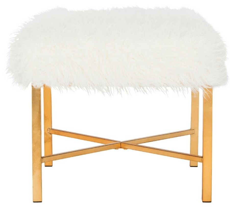 Living Furniture * | Limit Offer Horace Faux Sheepskin X- Square Bench In White Safavieh Fox6267B