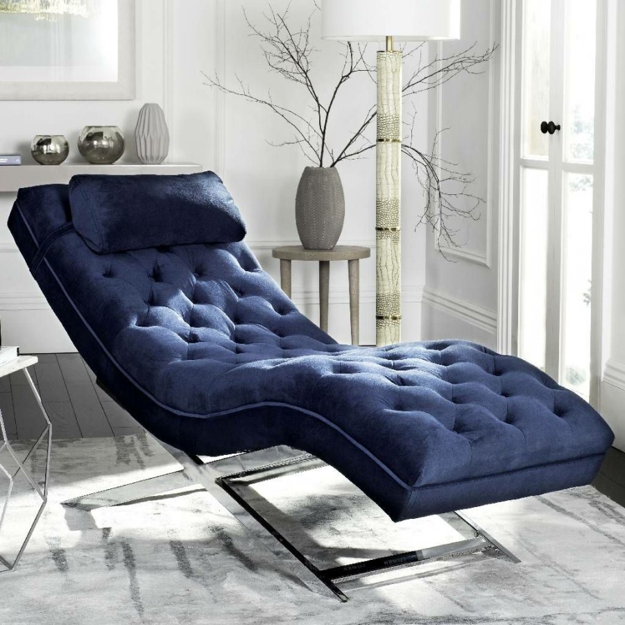 Living Furniture * | Promotions Monroe Chaise W/ Headrest Pillow In Navy Safavieh Fox6286B