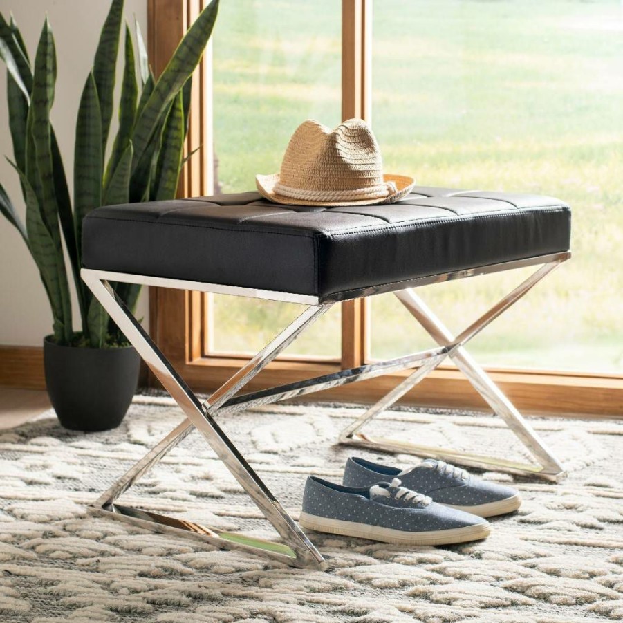 Living Furniture * | Hot Selling Micha Ottoman In Black/Chrome Safavieh Fox2022D