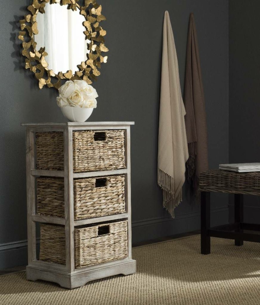 Living Furniture * | Best Price Halle 3 Wicker Basket Storage Side Table In Vintage White Safavieh Amh5738E