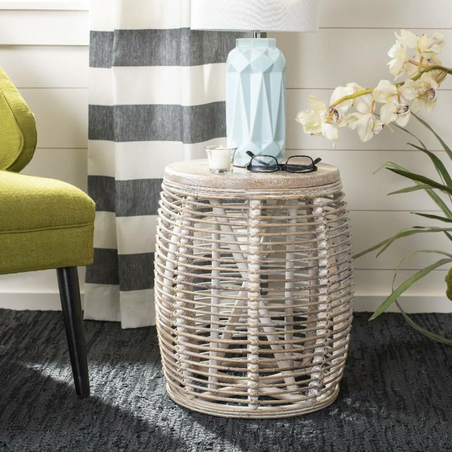 Living Furniture * | Special Offers Maui Rattan Drum Stool Table In Grey White Wash Safavieh Stl6500A