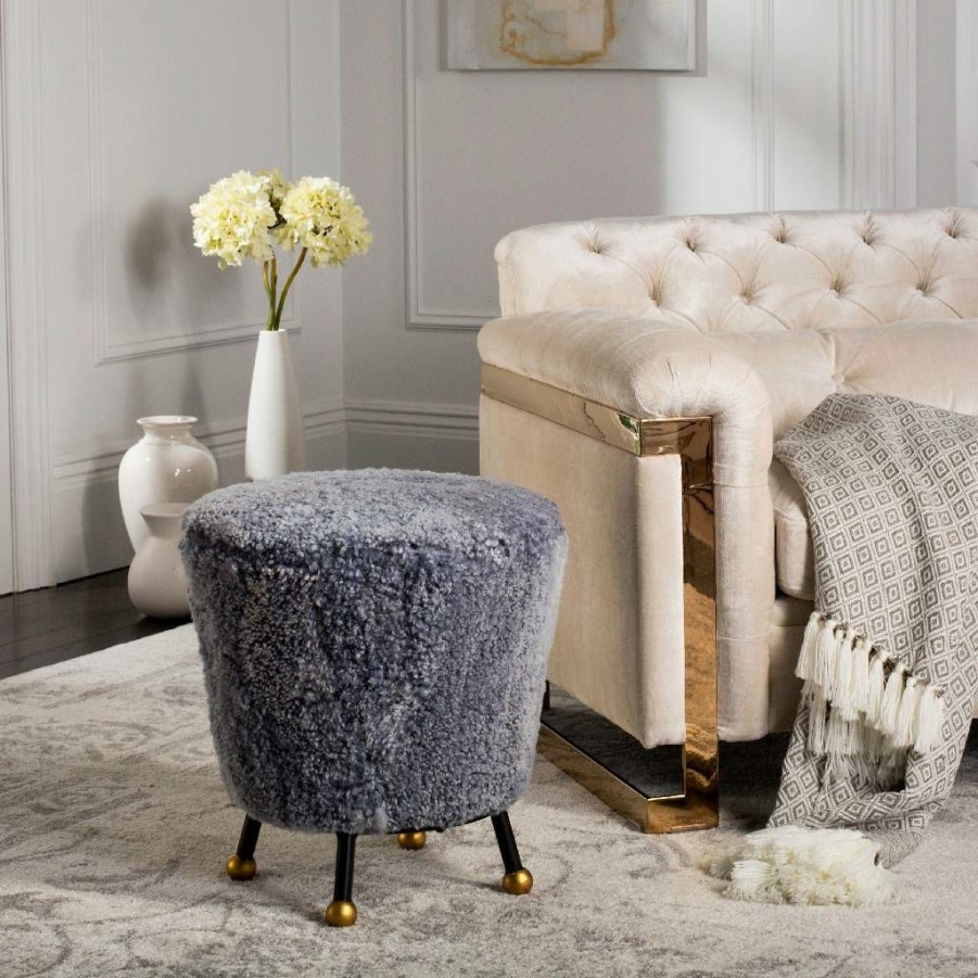 Living Furniture * | Promotions Oriana Retro Sheepskin Ottoman In Light Blue Safavieh Fox6261C