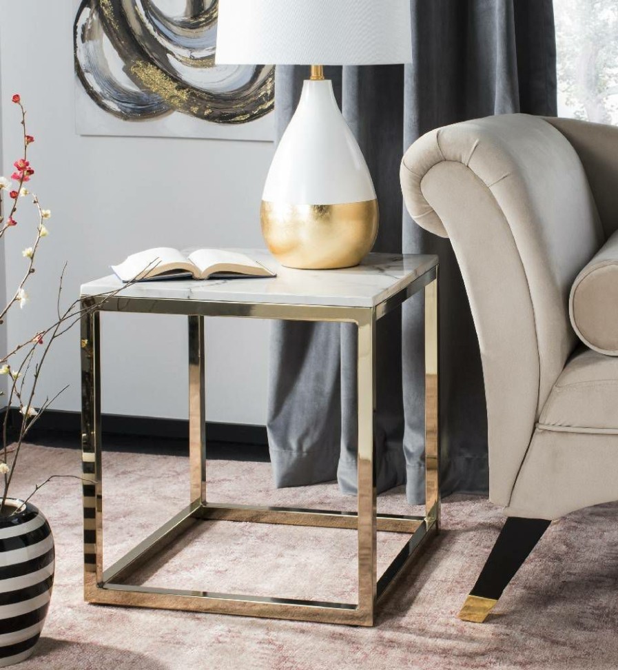 Living Furniture * | Limited Edition Bethany Square End Table In White Marble/Brass Safavieh Acc6201A