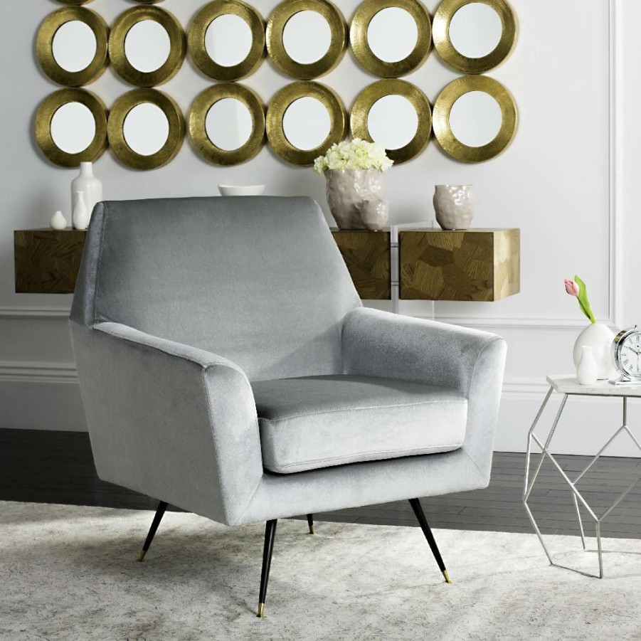 Living Furniture * | Hot Sale Nynette Velvet Retro Mid Century Accent Chair In Light Grey Safavieh Fox6270B