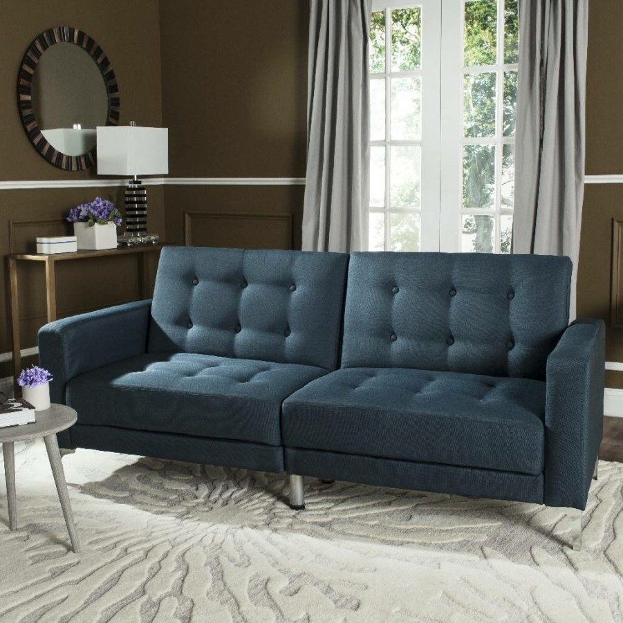 Living Furniture * | Limit Offer Soho Tufted Foldable Sofa Bed In Navy/Silver Safavieh Lvs2000C