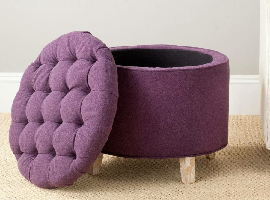 Living Furniture * | Limited Edition Amelia Tufted Storage Ottoman In Plum/Pickled Oak Safavieh Hud8220T