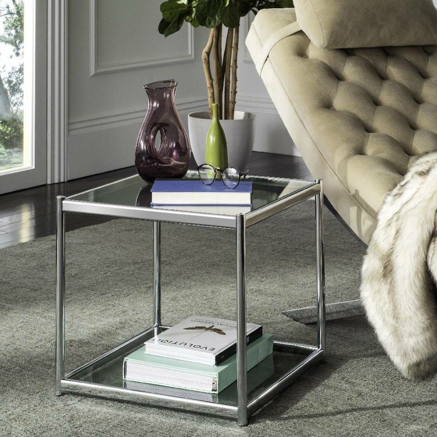 Living Furniture * | Quick Delivery Lilias Glass End Table In Chrome Safavieh Mmt6001A