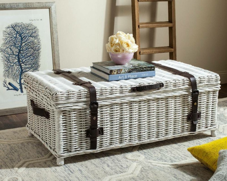 Living Furniture * | Promotions Navarro Rattan Coffee Table Trunk In White Safavieh Sea7022A