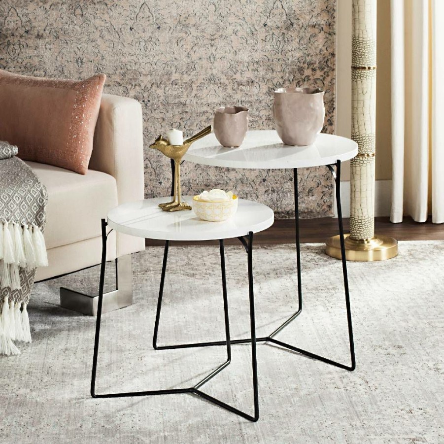 Living Furniture * | Clearance Sale Ryne Retro Mid Century Lacquer Stacking End Table In White/Black Safavieh Fox4263B