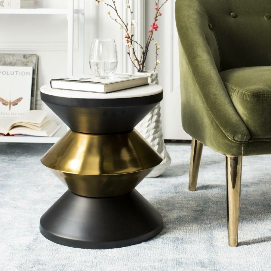 Living Furniture * | Hot Sell Azizi Stone Top Side Table In White Stone/Black/Gold Safavieh Acc3202A