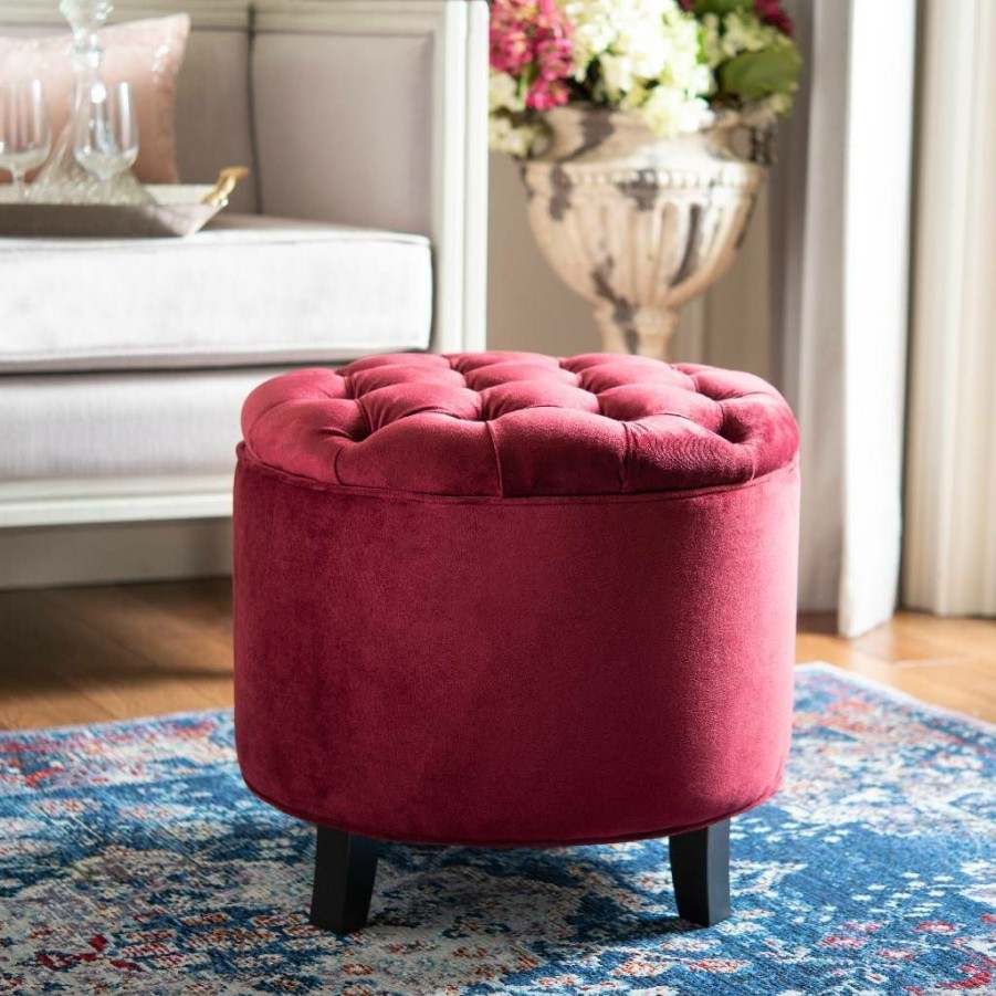 Living Furniture * | Promotions Amelia Tufted Storage Ottoman In Red Velvet/Espresso Safavieh Hud8220K