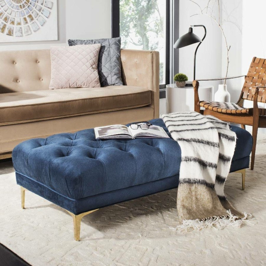 Living Furniture * | Excellent Quality Zarya Tufted Rectangular Bench In Navy/Brass Safavieh Bch6300A