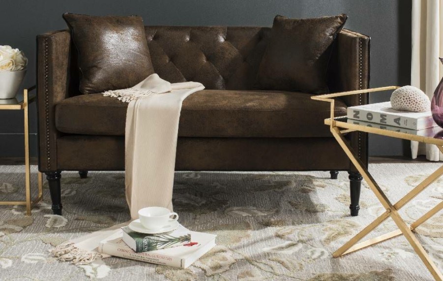 Living Furniture * | Shoping Sarah Tufted Settee W/ Pillows In Vintage Brown/Espresso Safavieh Fox6206F