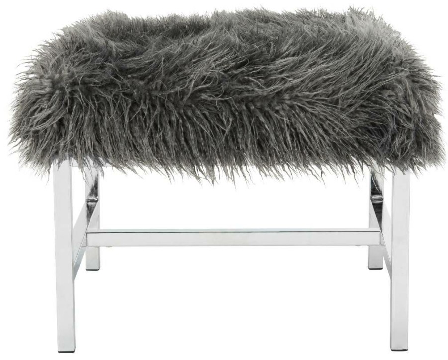 Living Furniture * | Quick Delivery Horace Faux Sheepskin Square Bench In Grey Safavieh Fox6266A