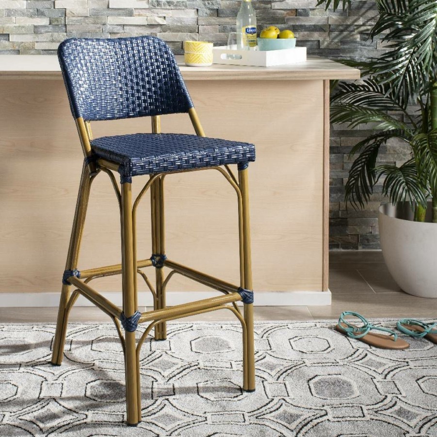 Furniture * | Clearance Sale Deltana Bar Stool Beige (Indoor/Outdoor) In Navy Safavieh Fox5208D