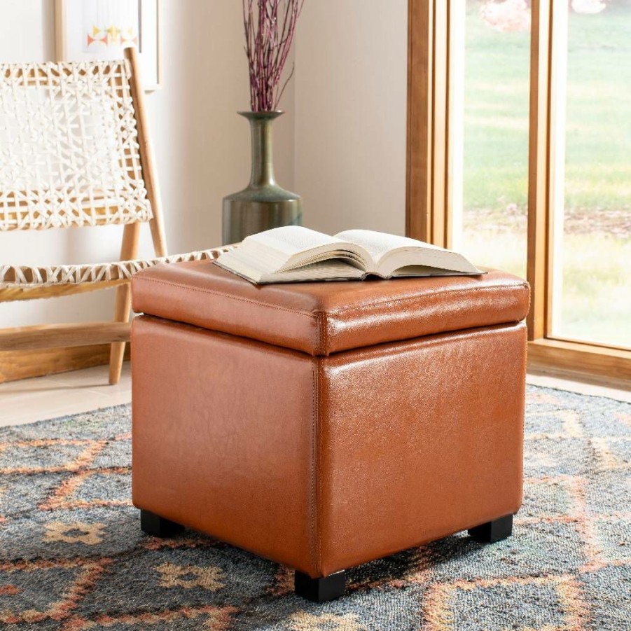 Living Furniture * | Online Jonathan Flip Top Ottoman In Black/Saddle Safavieh Hud4007C